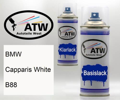 BMW, Capparis White, B88: 400ml Sprühdose + 400ml Klarlack - Set, von ATW Autoteile West.